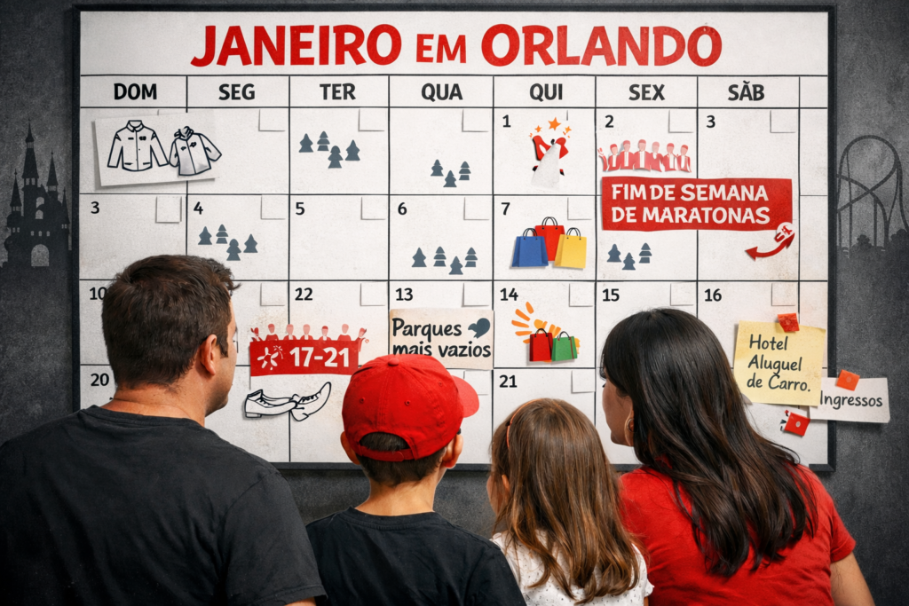 Calendário ilustrado de janeiro em Orlando com família planejando a viagem