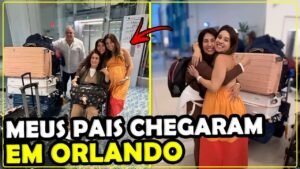 Pais da Gabi chegando ao aeroporto de Orlando com as malas, prontos pra pegar o carro alugado
