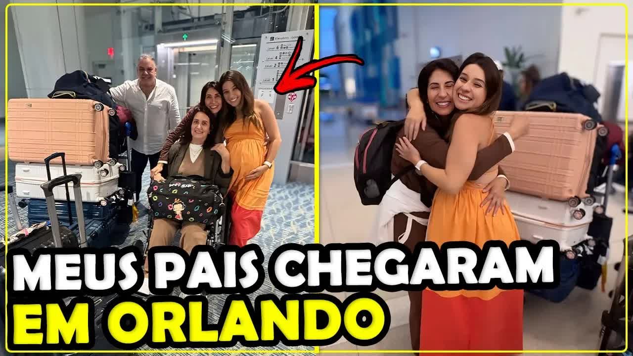 Pais da Gabi chegando ao aeroporto de Orlando com as malas, prontos pra pegar o carro alugado