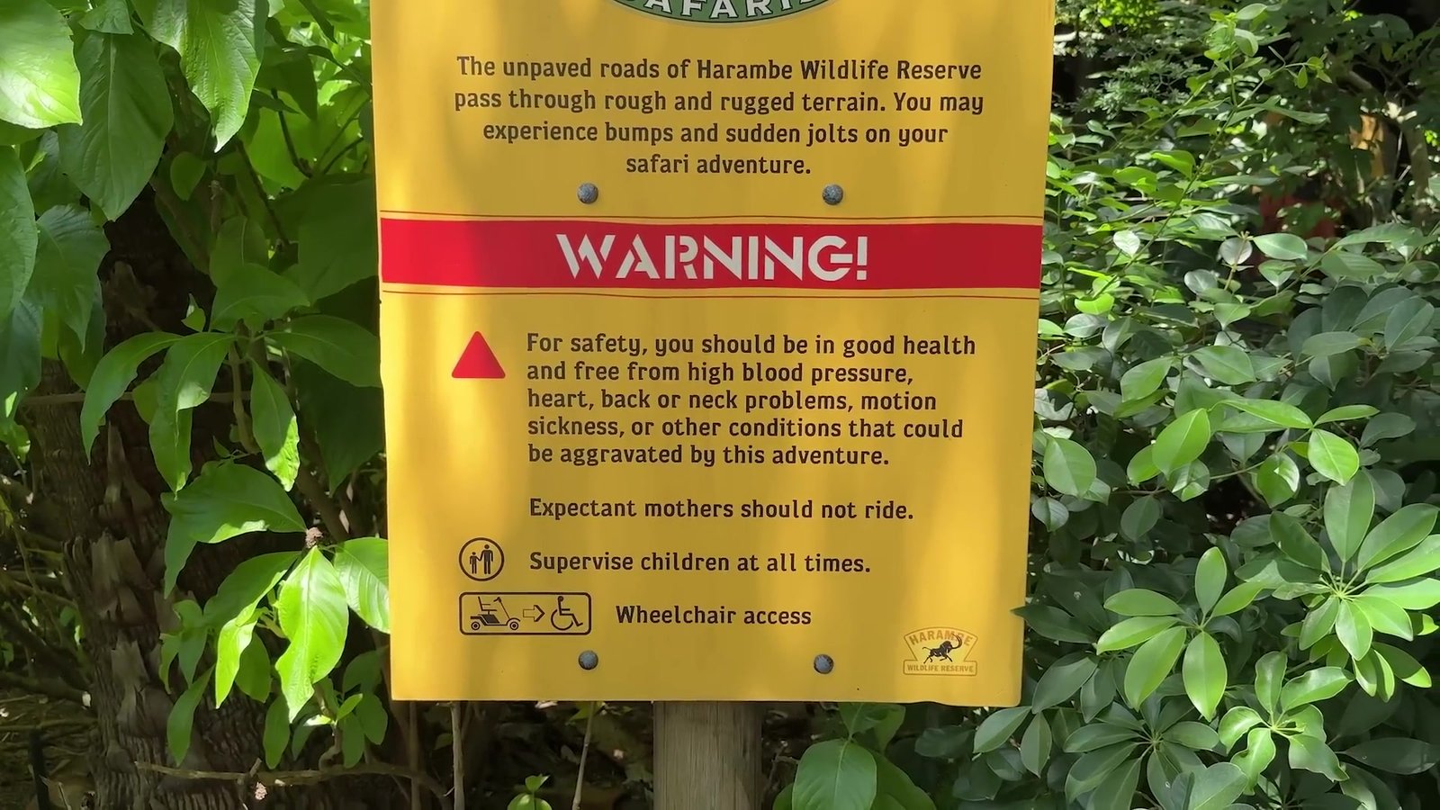 Placa de aviso do Kilimanjaro Safari: gestantes não devem embarcar