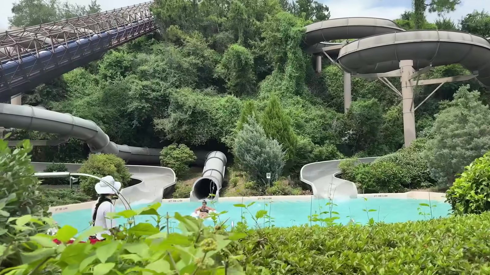 Toboáguas em curva e a ponte de madeira do Blizzard Beach no meio da vegetação