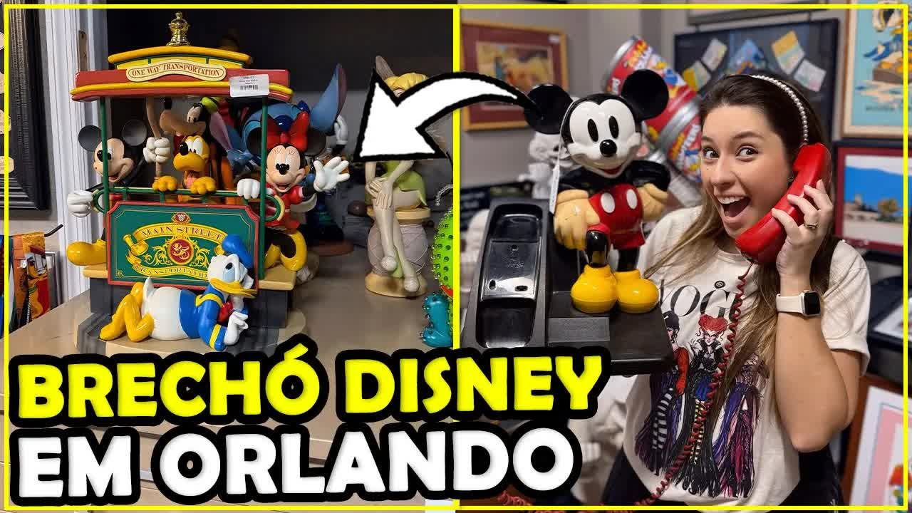 Gabi com um telefone temático vermelho no meio das relíquias do Recycling the Magic, o brechó da Disney perto de Orlando