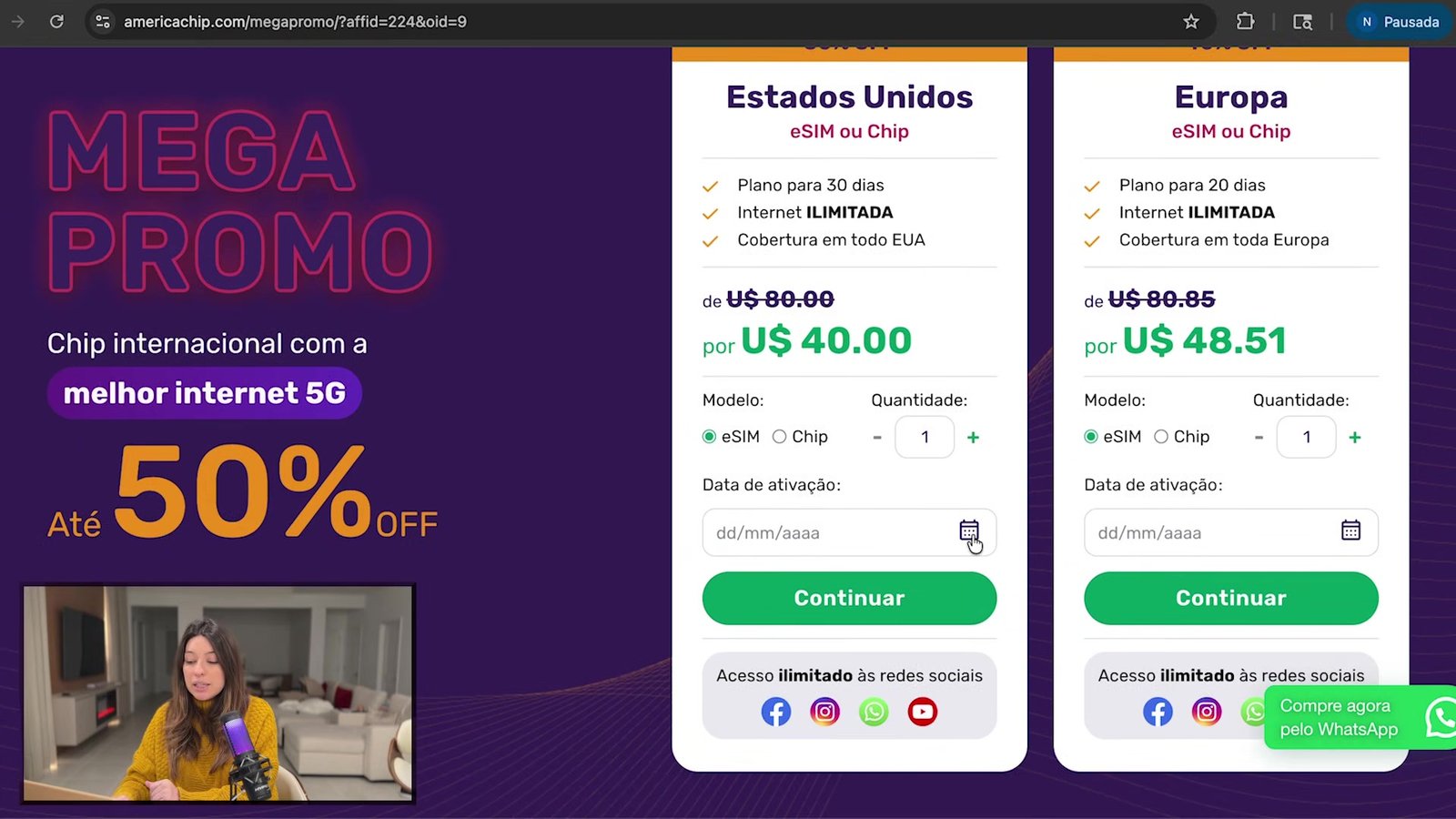 Site da America Chip com a promoção de 50% e o plano dos Estados Unidos por US$ 40