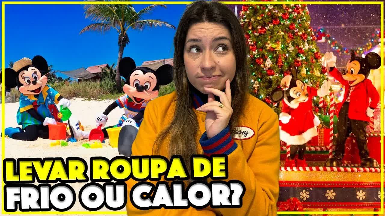 Gabi em dúvida entre o Mickey na praia e o Mickey de Natal: levar roupa de frio ou de calor pra Orlando?
