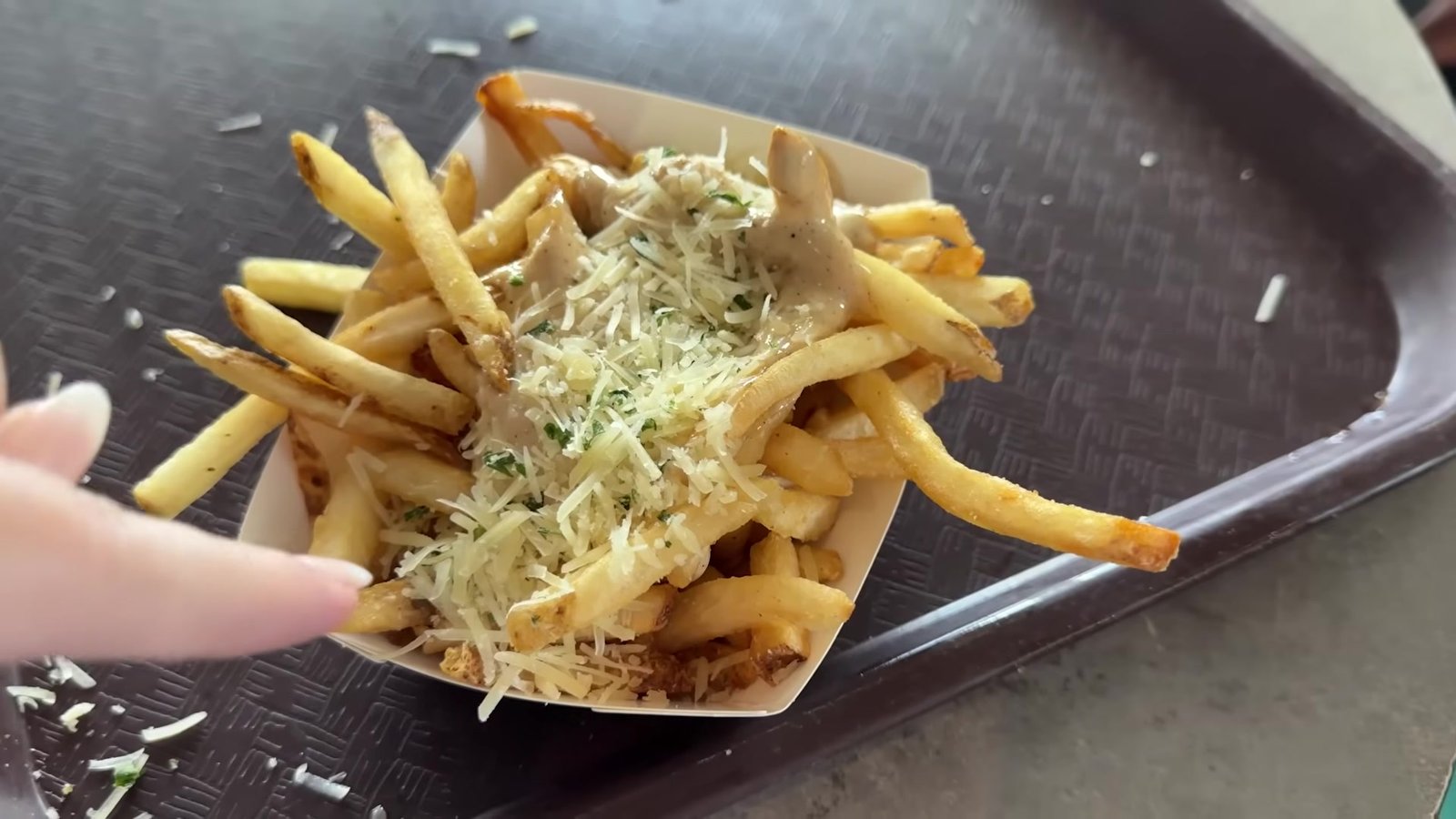 Batata frita trufada com parmesão ralado e molho de alho na bandeja do Cosmic Ray's