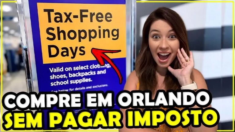 Gabi na frente de um cartaz de Tax-Free Shopping Days numa loja de Orlando