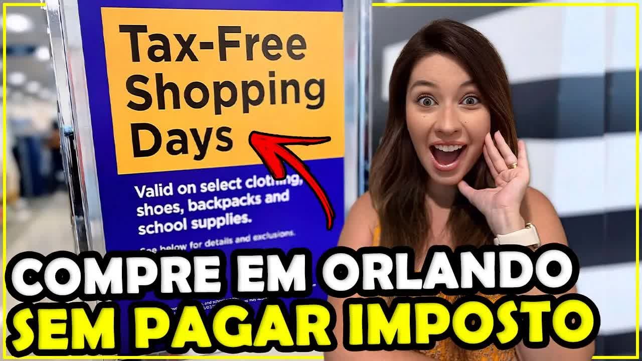 Gabi na frente de um cartaz de Tax-Free Shopping Days numa loja de Orlando