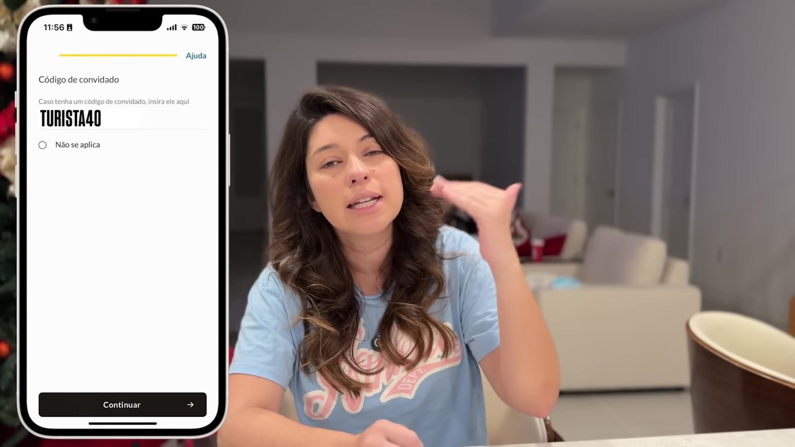 Tela do app Nomad com o campo de código de convidado preenchido com TURISTA40