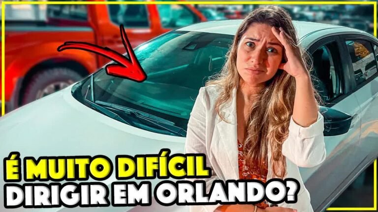 Gabi preocupada ao lado do carro, é muito difícil dirigir em Orlando