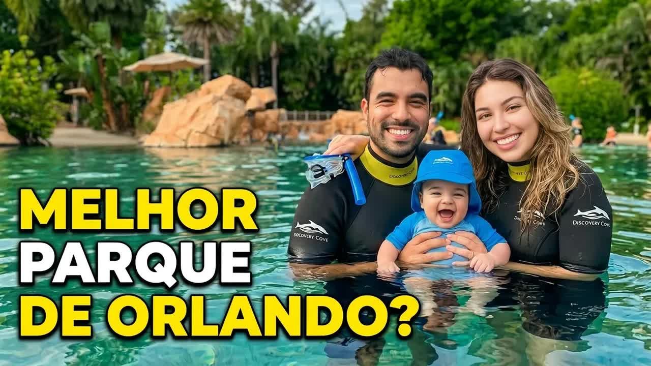 Gabi, Gustavo e o Lian de roupa térmica na lagoa do Discovery Cove