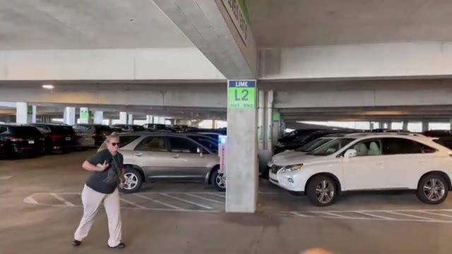Interior da Lime Garage do Disney Springs, com a placa da fileira L2 e carros estacionados