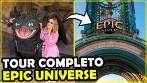 Gabi abraçada com o Banguela na frente do portão de entrada do Epic Universe
