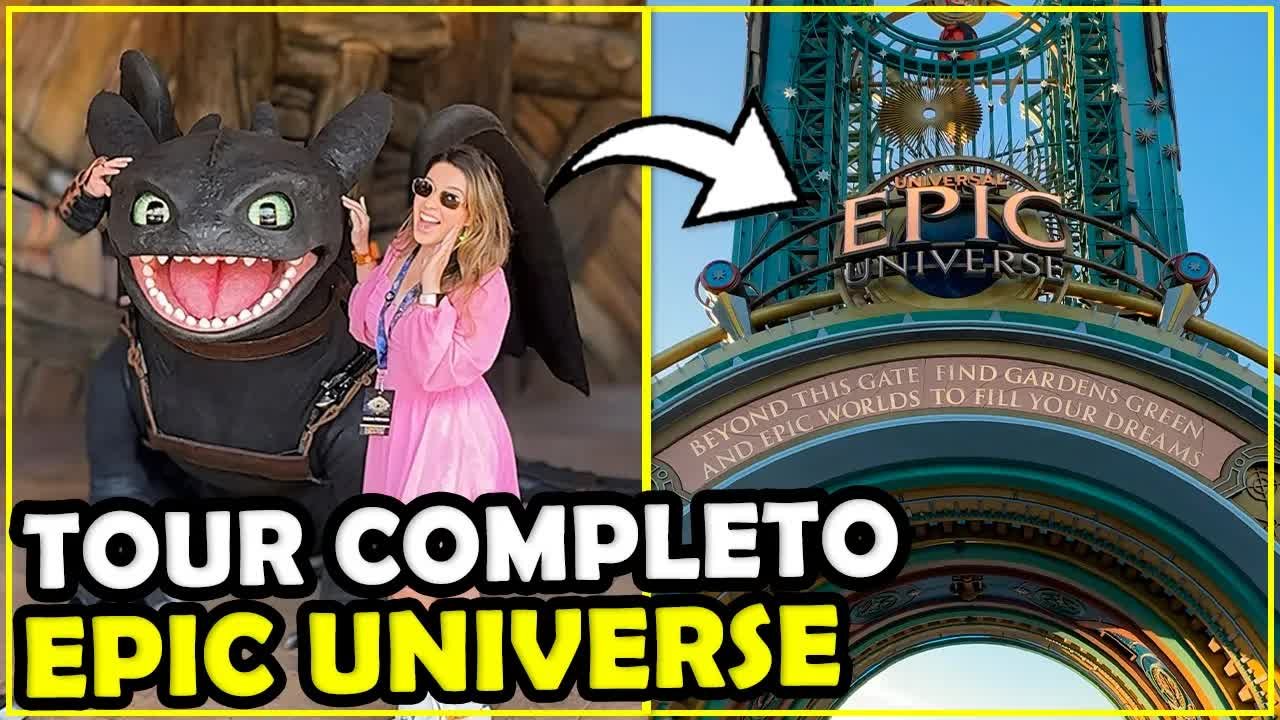 Gabi abraçada com o Banguela na frente do portão de entrada do Epic Universe