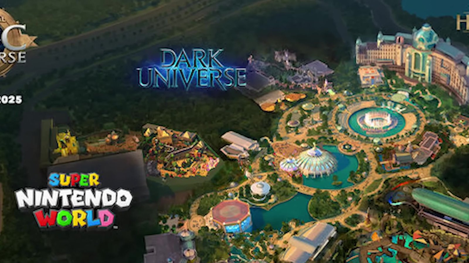 Mapa aéreo do Epic Universe com as áreas Super Nintendo World e Dark Universe indicadas