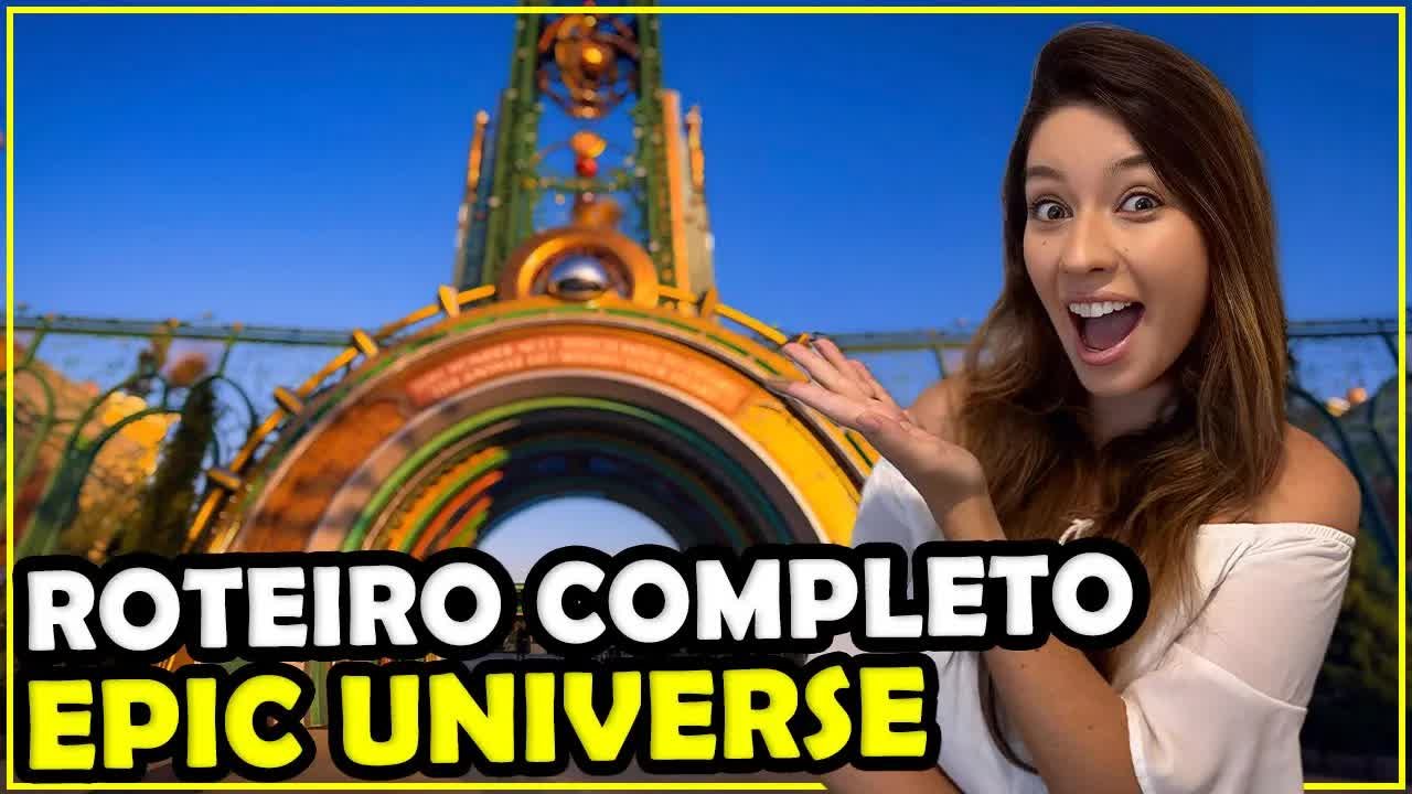 Gabi em frente ao portal Chronos, a entrada do Epic Universe, novo parque da Universal