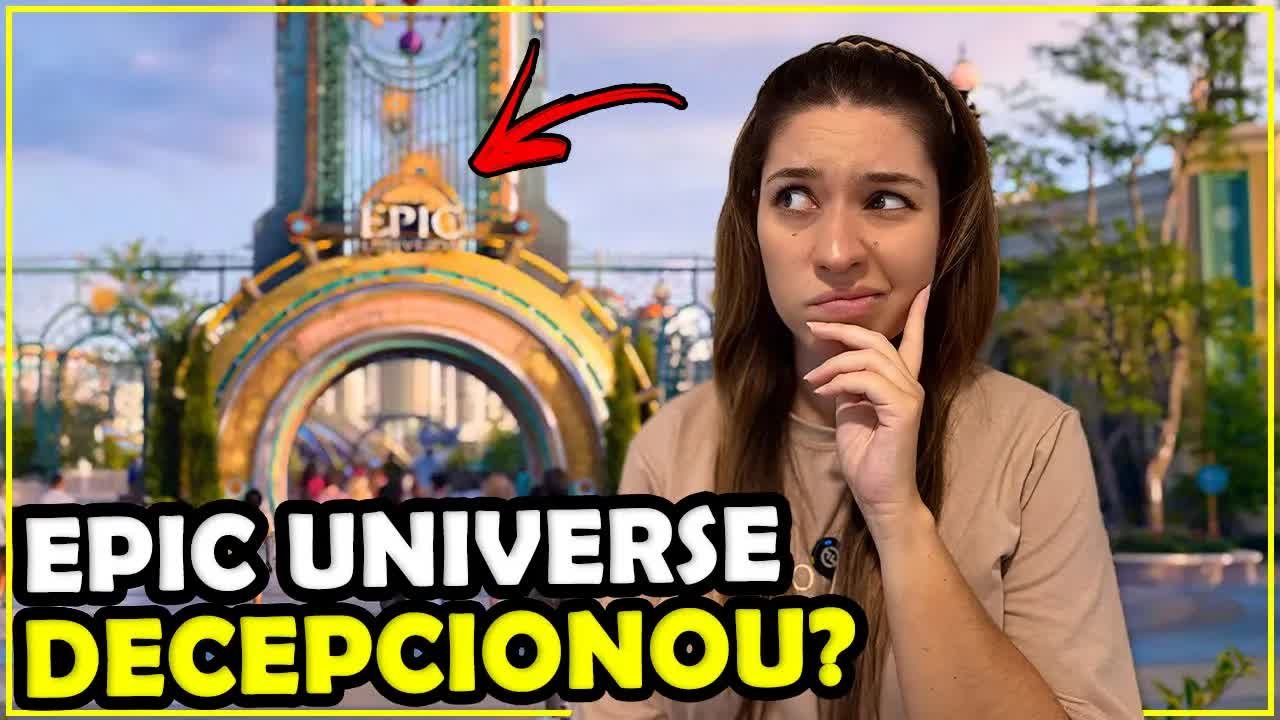 Gabi do Turistorlando com cara de dúvida ao lado do portal de entrada do Epic Universe