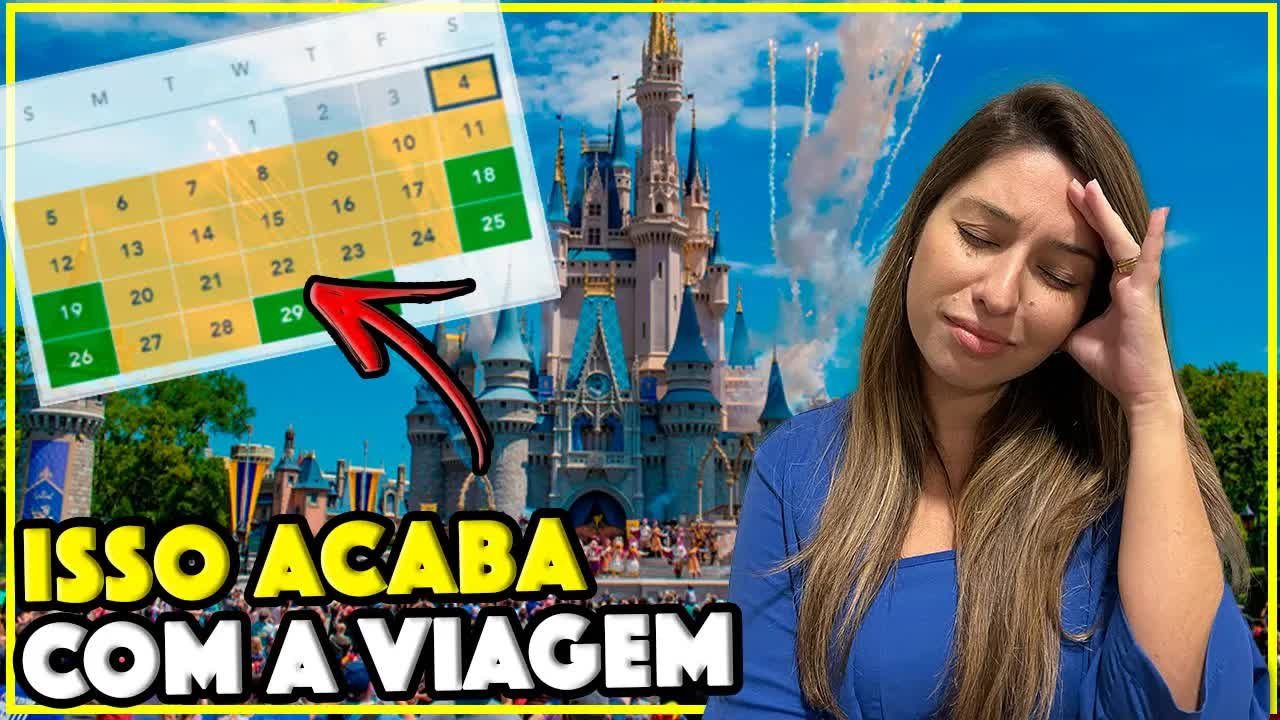 Gabi do Turistorlando com a mão na testa ao lado de um calendário e do castelo, sobre os erros dos brasileiros na Disney
