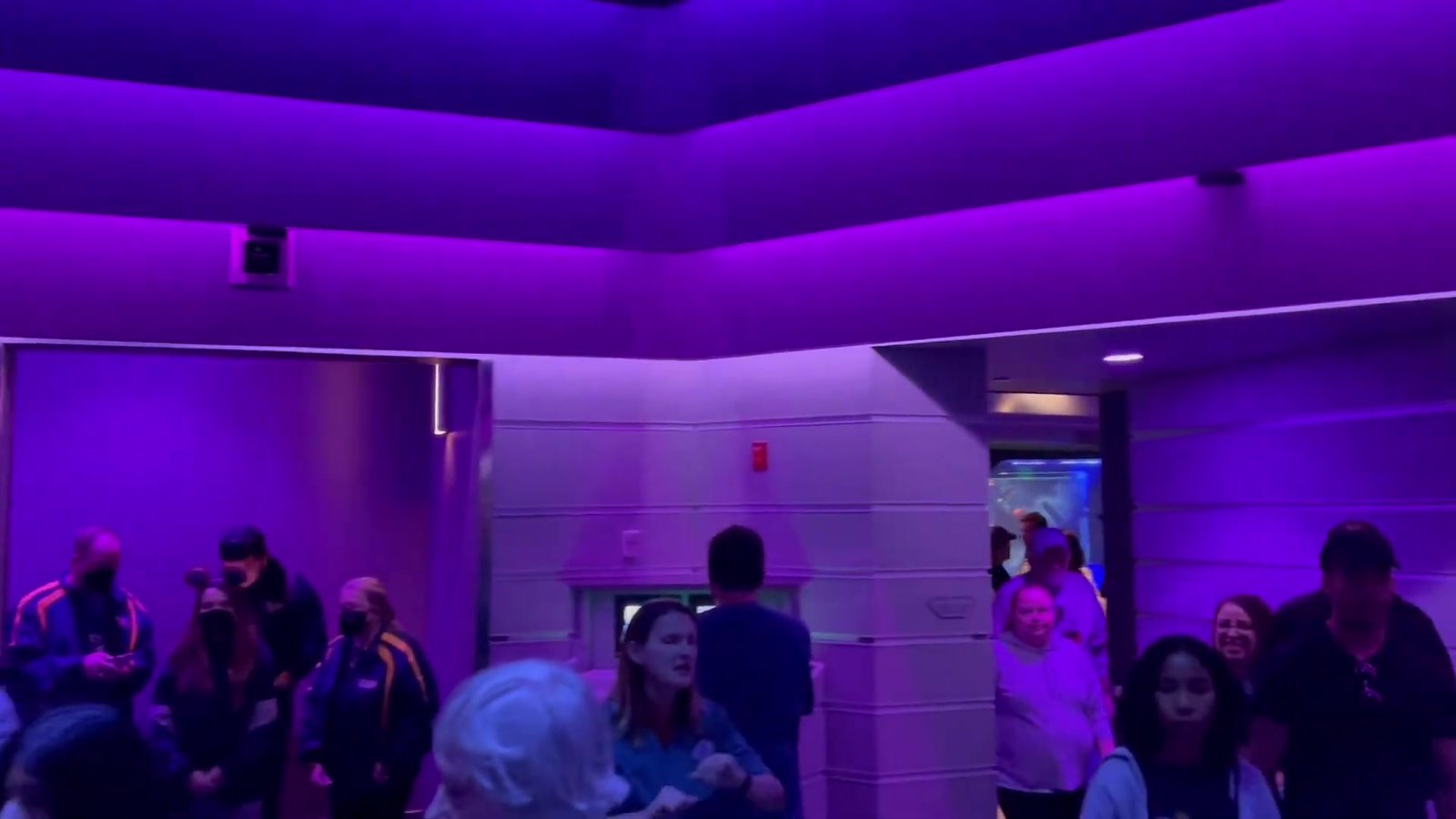 Fila interna do Guardians of the Galaxy: Cosmic Rewind, com iluminação roxa e o público esperando