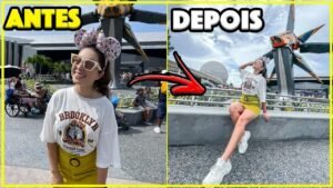 Antes e depois de uma foto da Gabi na área dos Guardiões da Galáxia, no EPCOT