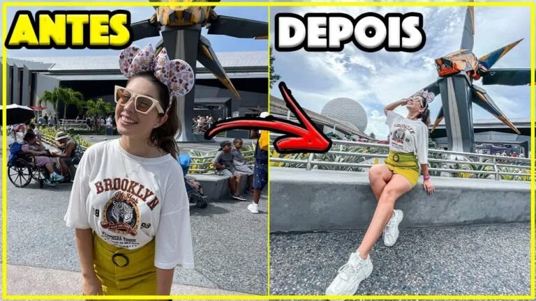 Antes e depois de uma foto da Gabi na área dos Guardiões da Galáxia, no EPCOT
