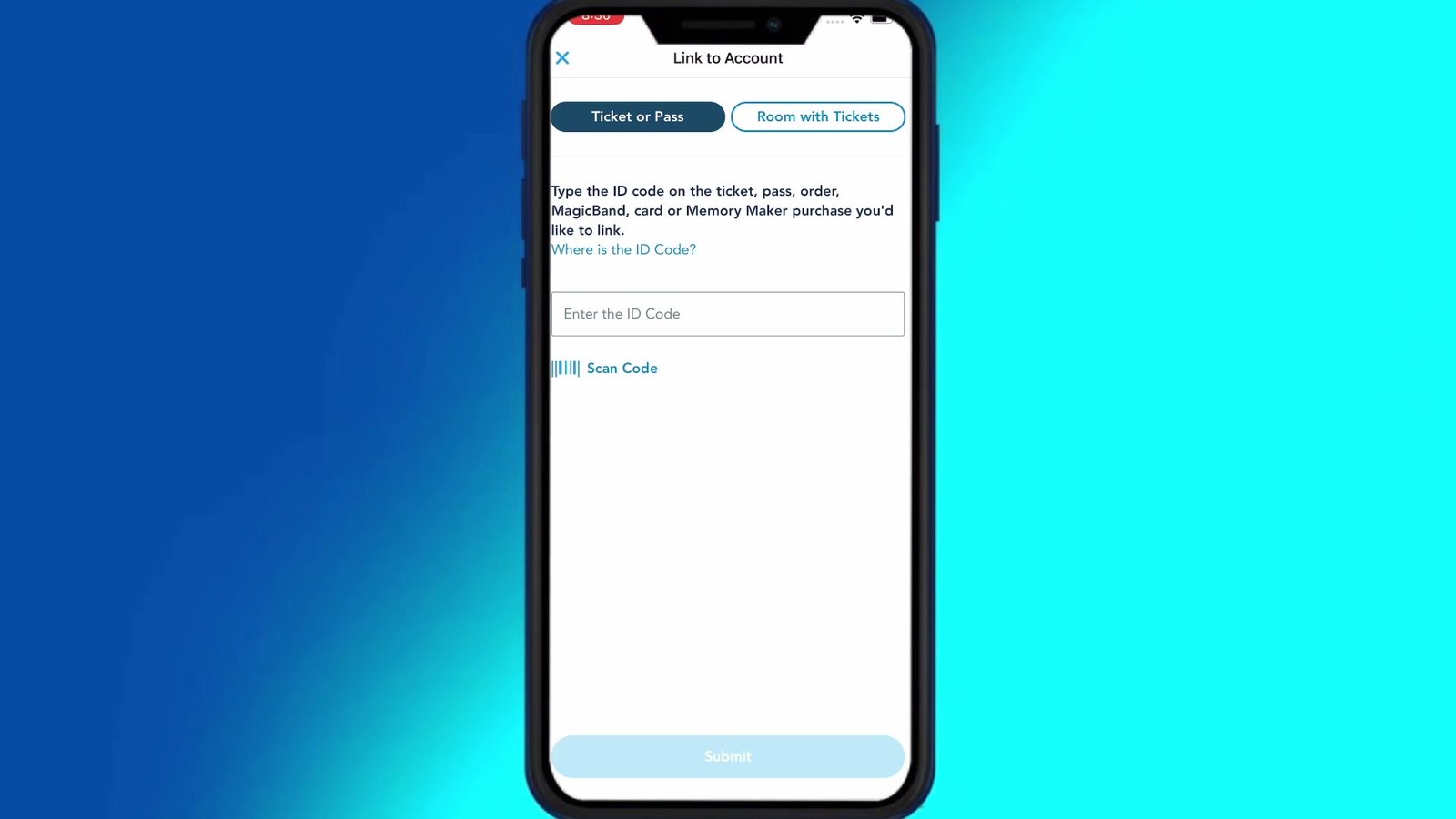 Vinculação de ingresso na seção Tickets and Passes do app da Disney