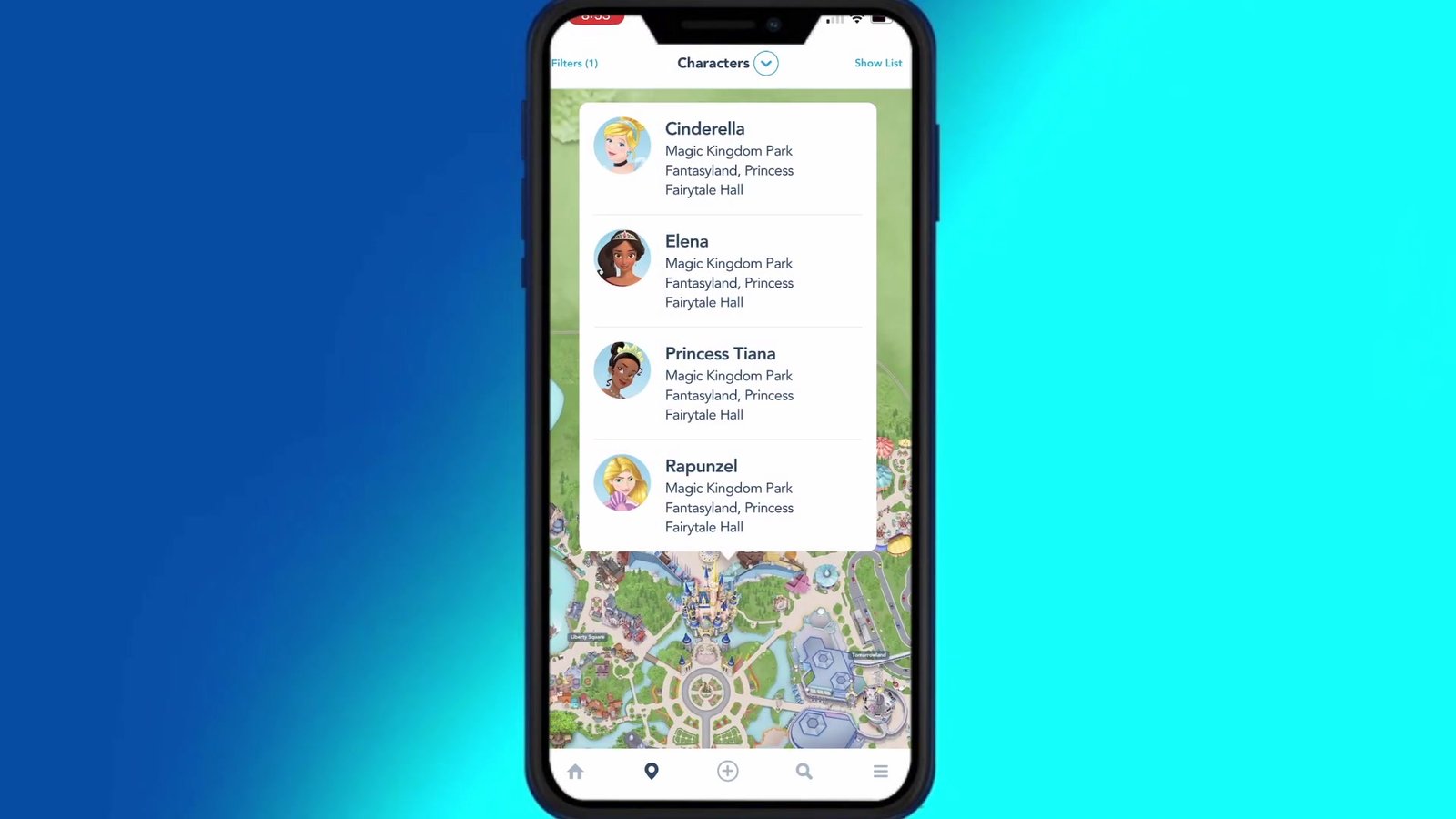 Lista de personagens com local e horário no app da Disney