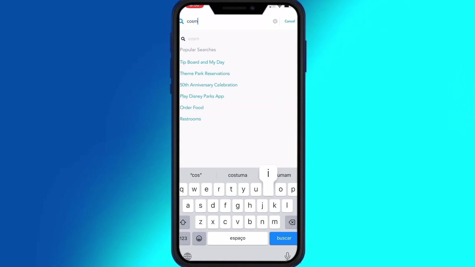 Busca do app da Disney com atalhos para reservas e Mobile Order