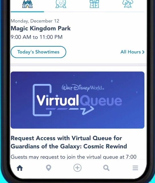 Banner da fila virtual (Virtual Queue) na tela inicial do app da Disney