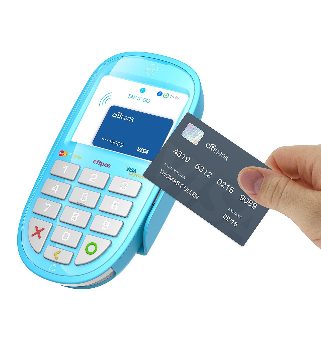 Cartão sendo aproximado de uma maquininha com NFC, o pagamento por aproximação usado em Orlando