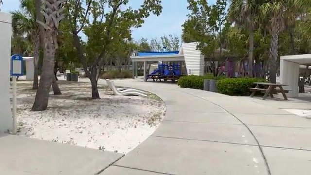 Área de piquenique com mesas cobertas, bancos e chuveiros entre as palmeiras na Siesta Beach