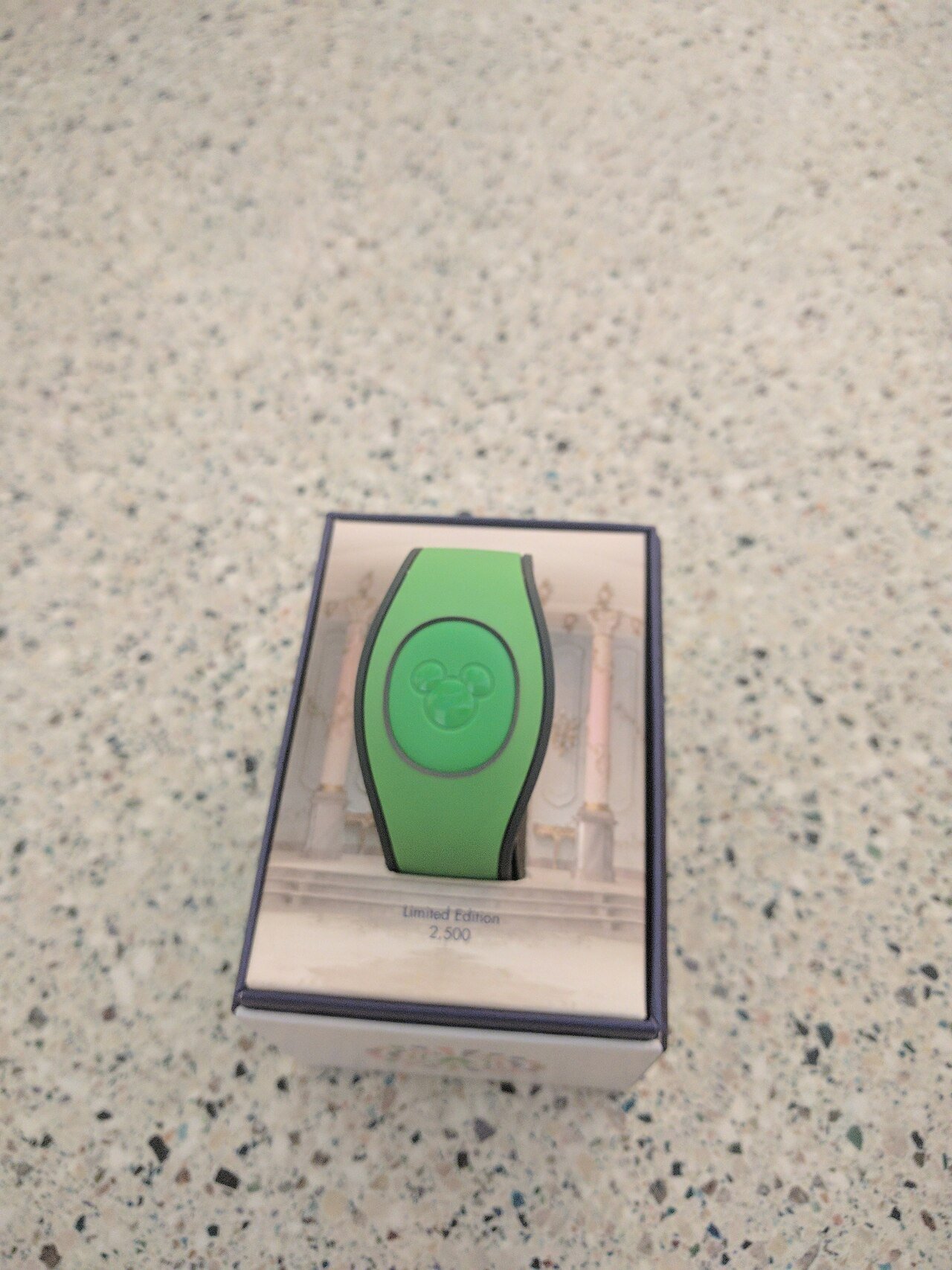 MagicBand verde da Disney na caixa, a pulseira que vincula as fotos das atrações