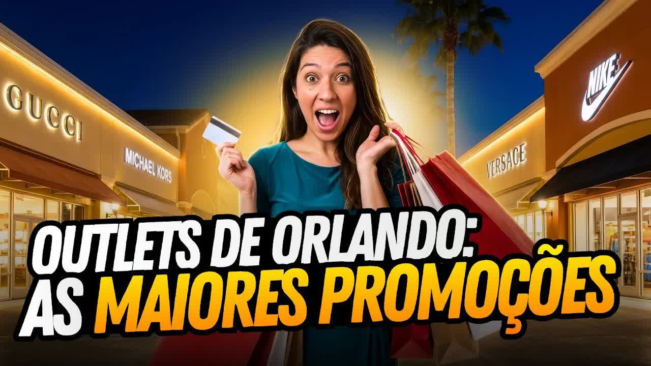 Gabi com sacolas de compras e cartão na mão em frente às lojas do outlet de Orlando