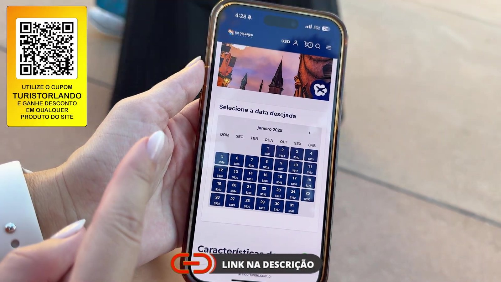 Celular mostrando o calendário de preços por data de um ingresso da Universal Orlando em janeiro de 2025, entre 329 e 388 dólares