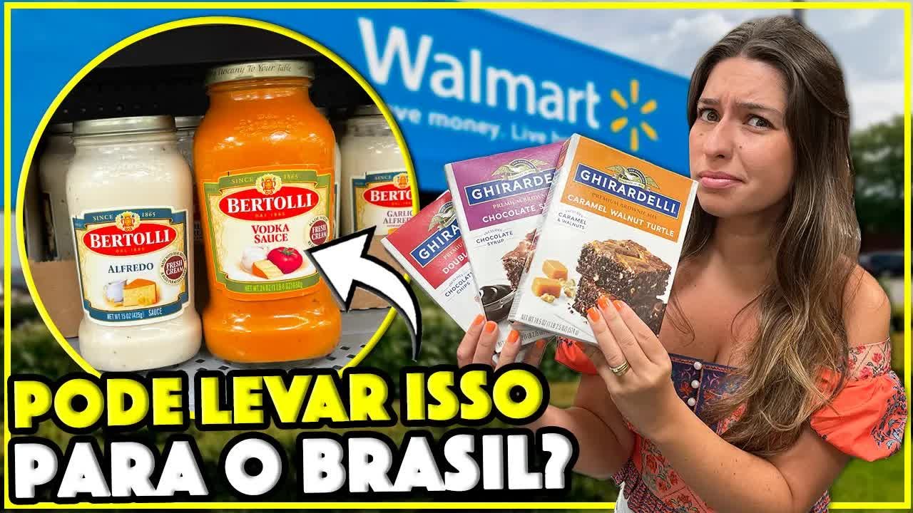 Gabi na frente do Walmart de Orlando com molhos Bertolli e brownie Ghirardelli