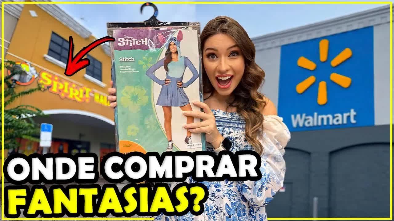 Gabi na frente do Walmart segurando uma fantasia da Stitch, com a Spirit Halloween ao fundo