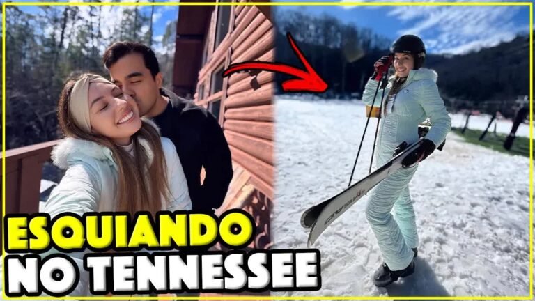 Gabi e Gustavo na varanda da cabana e Gabi de macacão e esqui na neve do Tennessee