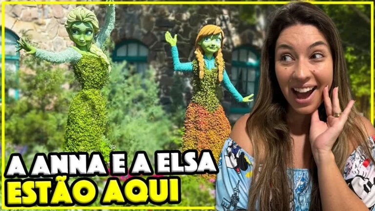 Gabi na frente das esculturas de plantas da Elsa e da Anna no Pavilhão da Noruega do Epcot