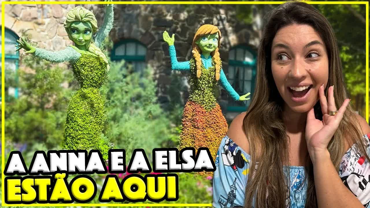 Gabi na frente das esculturas de plantas da Elsa e da Anna no Pavilhão da Noruega do Epcot