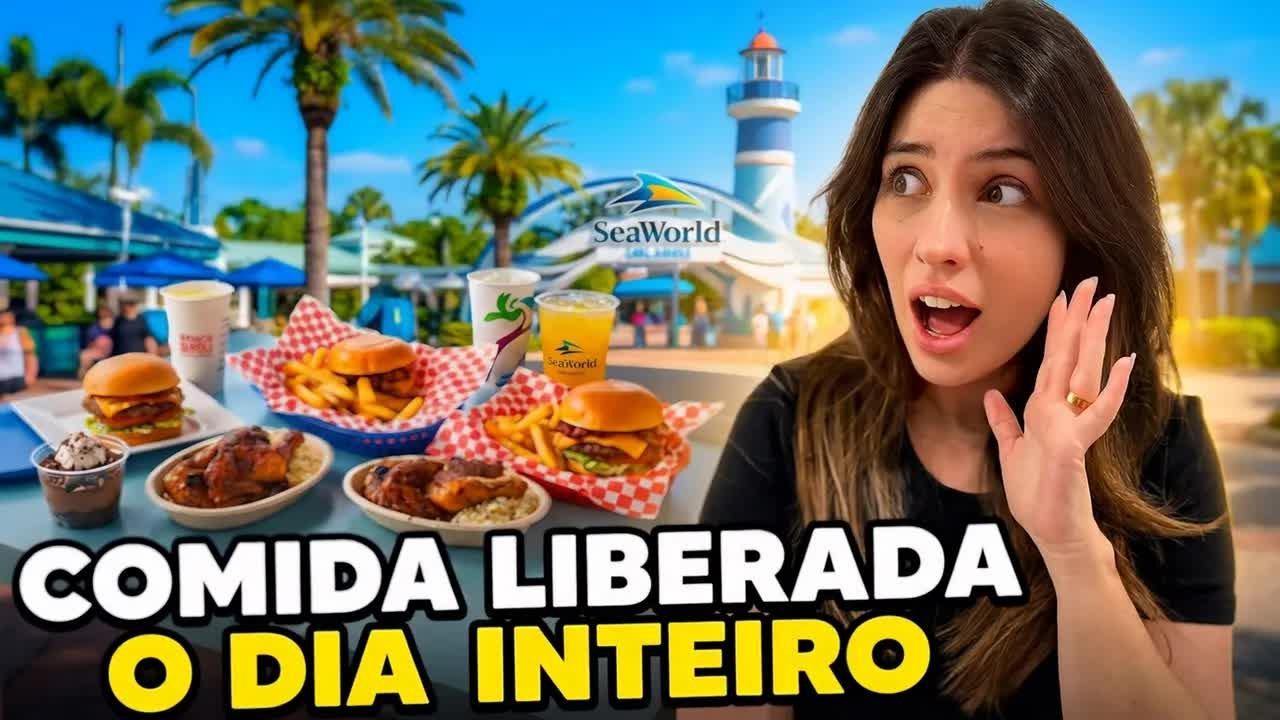 Bandejas com hambúrguer, frango, batata e tacos do plano de alimentação do SeaWorld