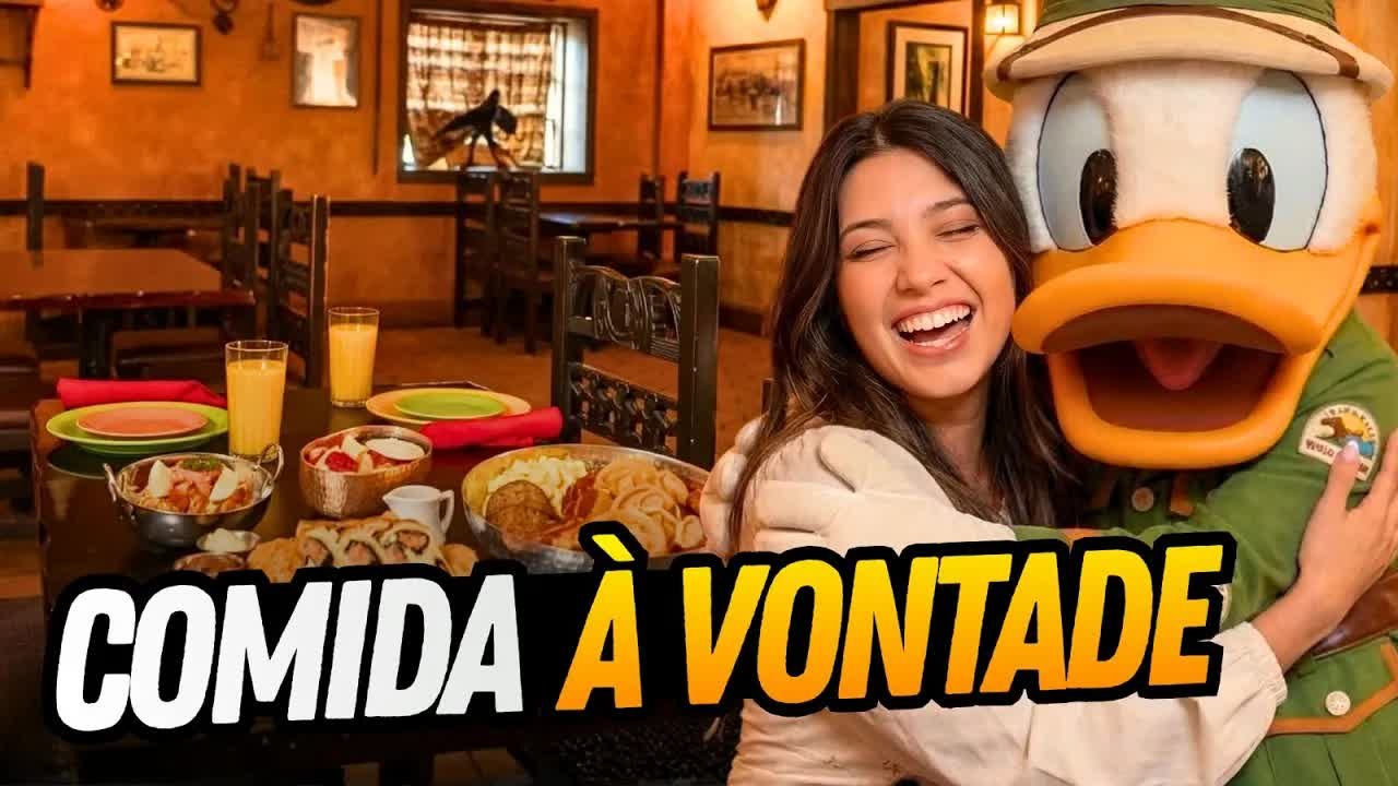 Gabi abraçada com o Pato Donald numa refeição com personagem na Disney