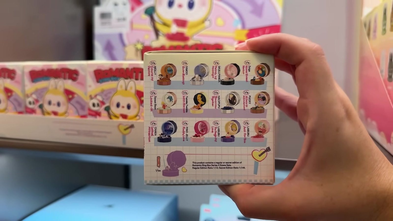 Mão segurando uma caixa-surpresa da Pop Mart com a lista dos personagens possíveis no verso
