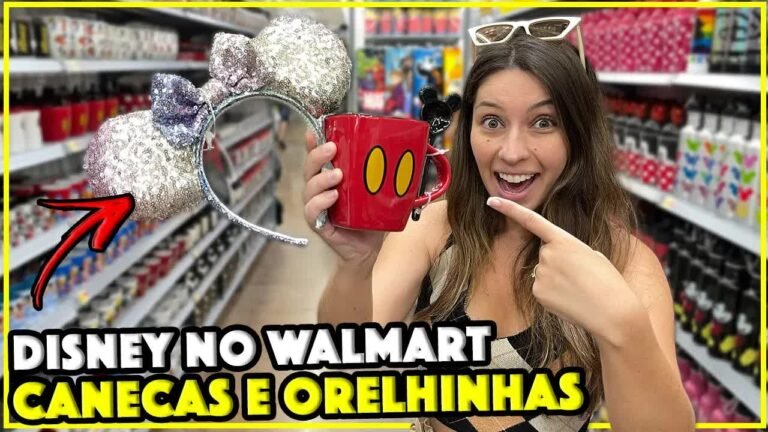 Gabi com orelhinha de glitter e caneca do Mickey no corredor da Disney do Walmart de Orlando