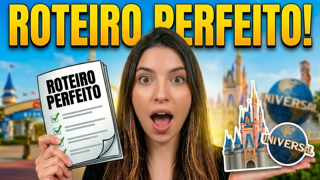 Gabi do Turistorlando segurando um checklist de roteiro perfeito com o castelo da Disney e o globo da Universal ao fundo