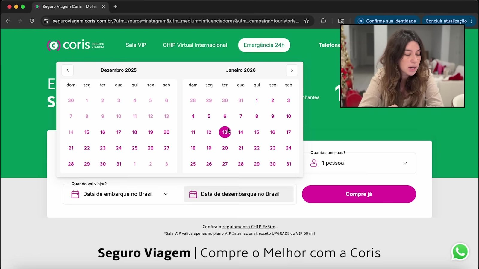 Simulador de seguro viagem no site da Coris com o calendário de datas da viagem