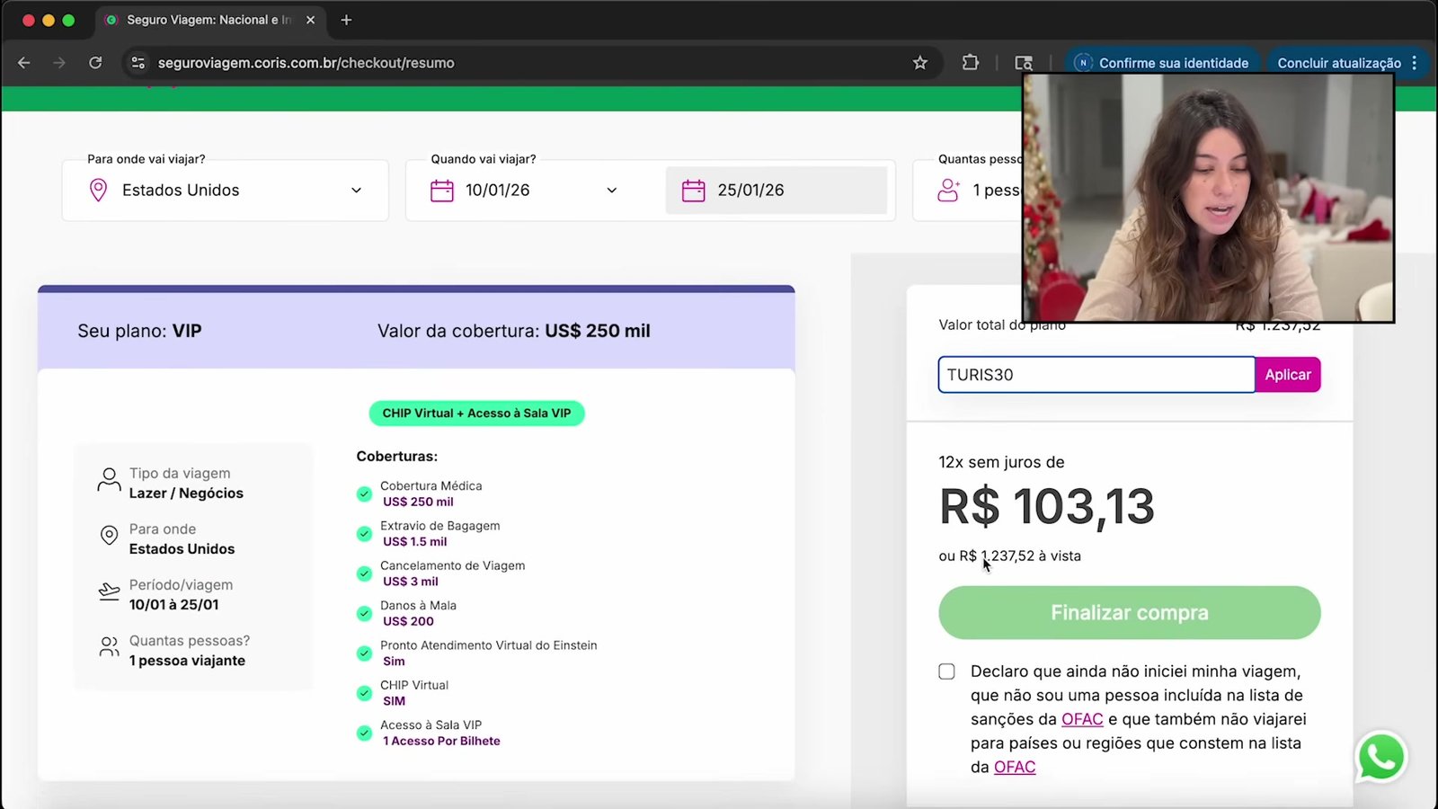 Tela de pagamento do seguro Coris com o cupom TURIS30 aplicado e parcelamento em 12x
