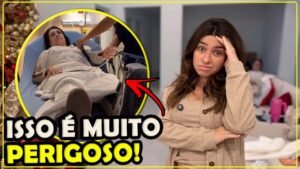 Gabi preocupada e, ao fundo, a avó dela numa maca de hospital em Orlando