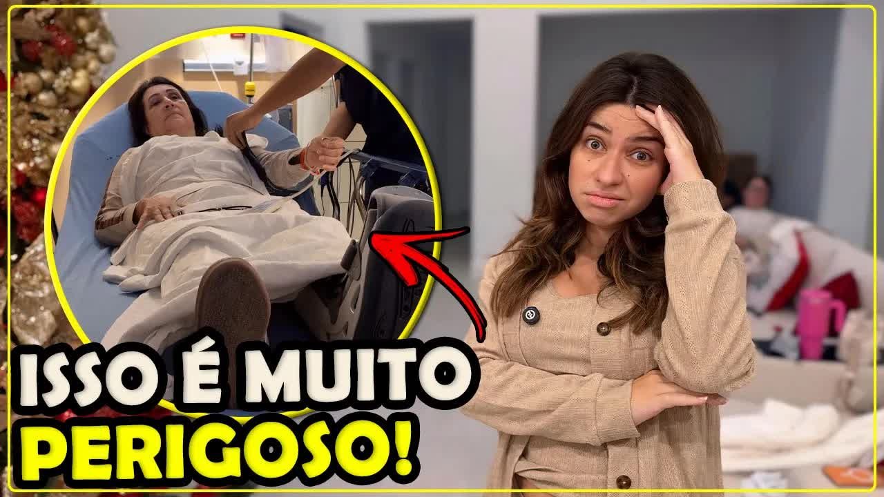 Gabi preocupada e, ao fundo, a avó dela numa maca de hospital em Orlando
