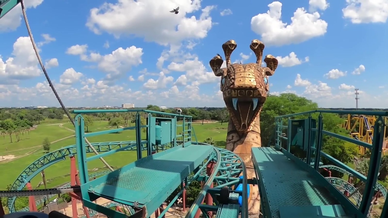 Trilhos da Cobra's Curse vistos do alto, com a cabeça da cobra gigante no Busch Gardens