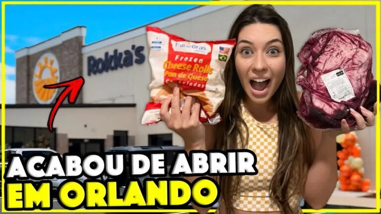 Gabi na frente do novo Rokka's, mercado brasileiro em Orlando