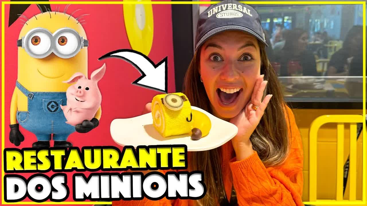 Gabi mostrando a sobremesa do Minion Café na Universal Orlando
